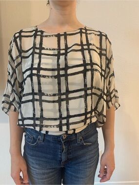 Alfani Cream Blouse with Black Windowpane Plaid